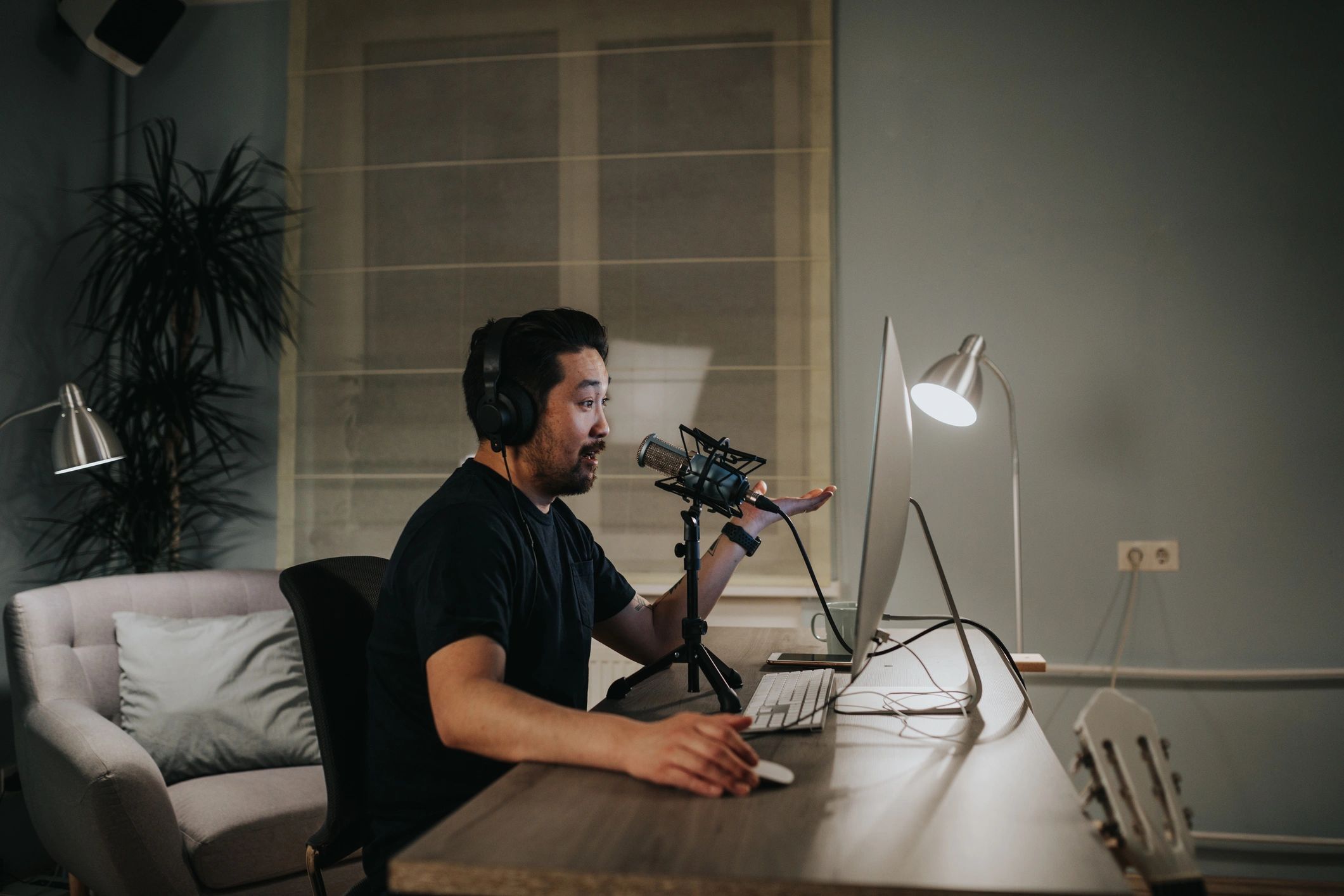 Professional podcaster recording an interview