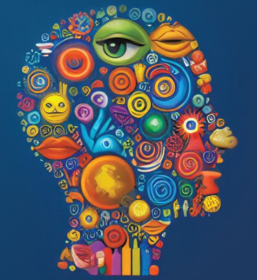 Selling Senses brand logo illustration with a colorful sensory-themed face on a dark blue background